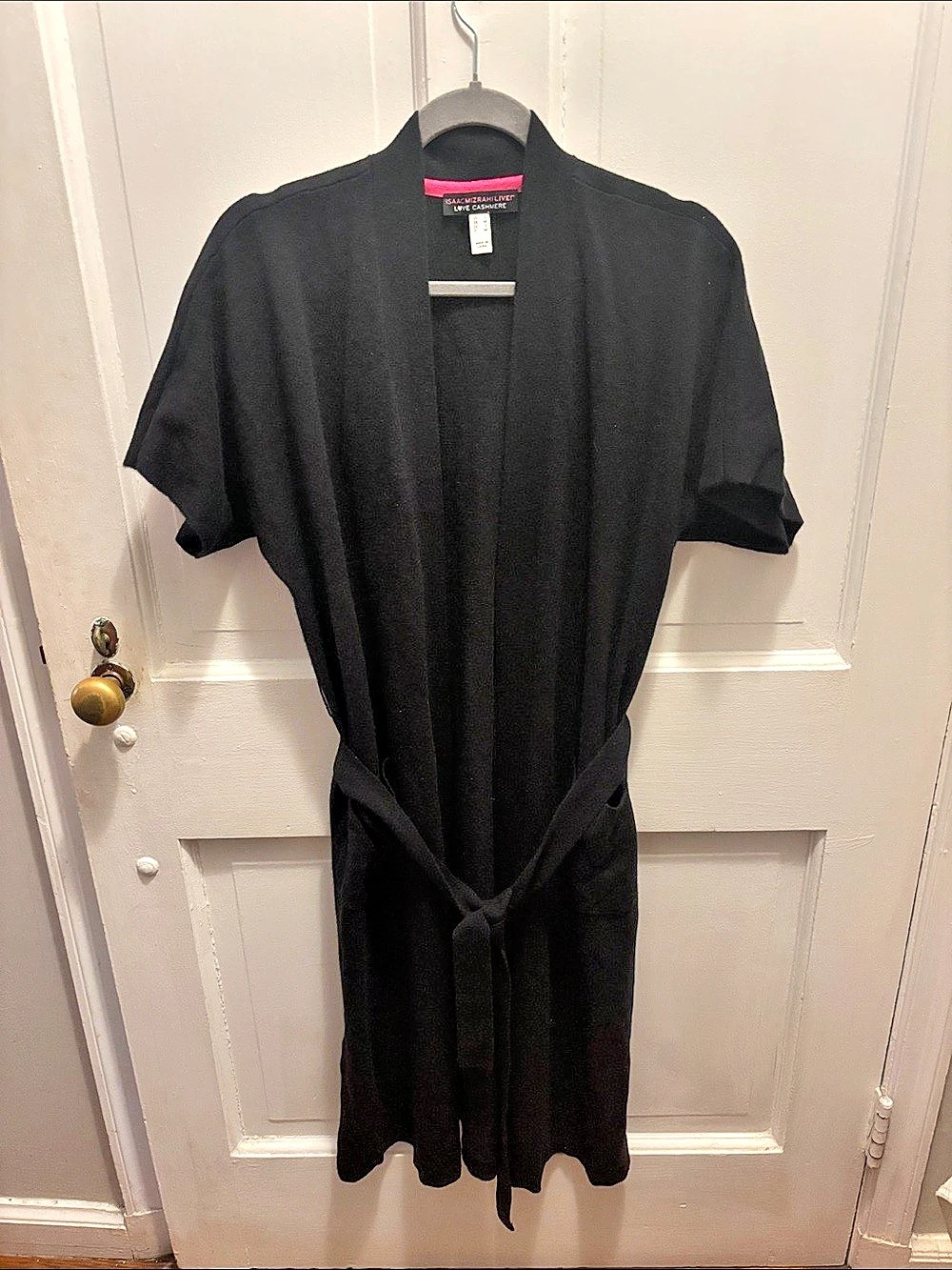 Isaac Mizrahi Women'Small Black short sleeve duster with tie 100% cashmere Like